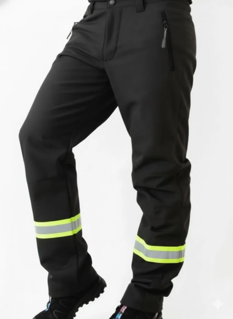 Siyah softshell iş pantolonu, reflektör paça şeritli, su itici dokuma