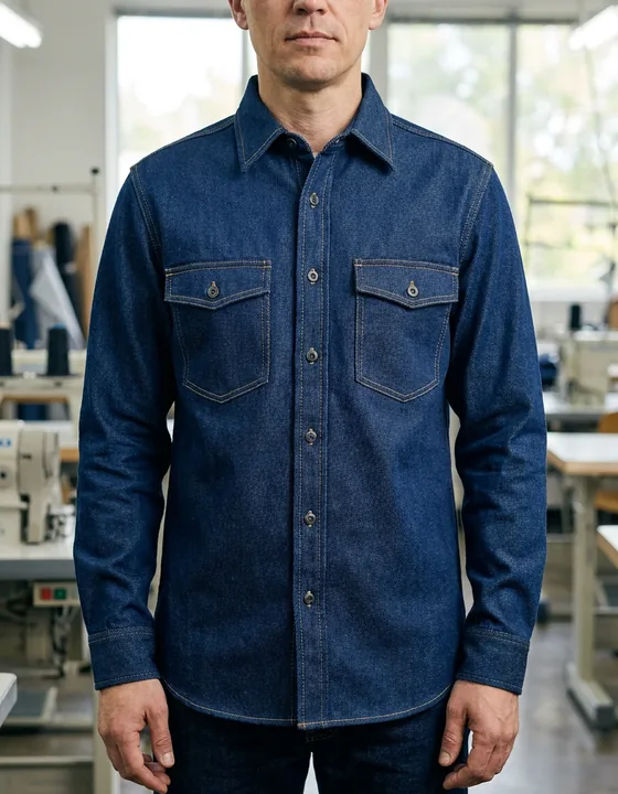 Mavi denim (kot) iş gömleği giymiş dikimhane çalışanı
