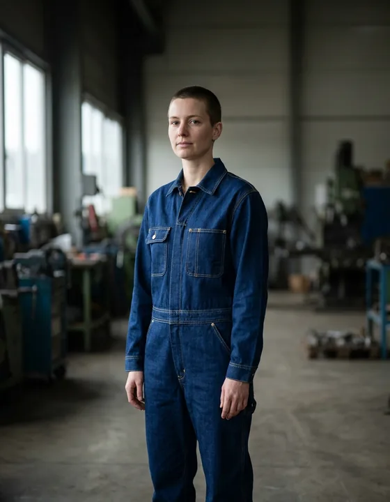 Kot iş tulumu giyen kadın işçi — tek parça denim tulum, göğüs cepli ve belden dikişli, makine atölyesinde