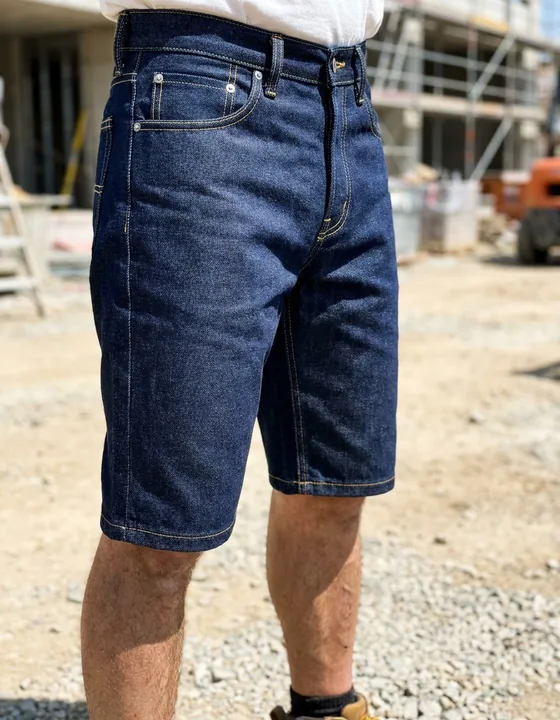 Kot iş şortu giyen işçi — diz üstünde biten denim şort, beş cepli, perçinli ve kontrast dikişli, şantiye ortamında