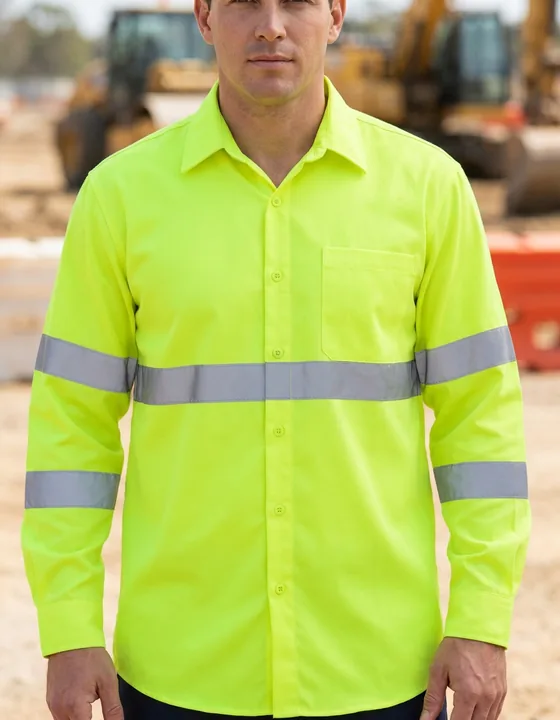 Reflektörlü iş gömleği — düğmeli plaket ve göğüs cepli hi-vis sarı gömlek, göğüs ve kollarda reflektör şerit