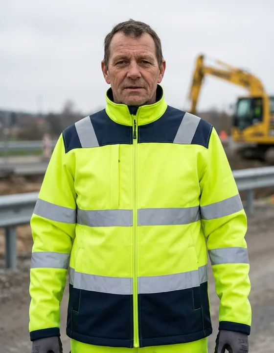 Reflektörlü softshell iş montu giyen yol işçisi — EN ISO 20471 retroreflektif şeritli, su ve rüzgar dirençli hi-vis mont