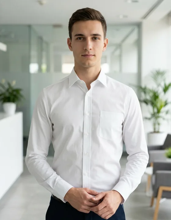 Beyaz slim fit iş gömleği giymiş kurumsal personel