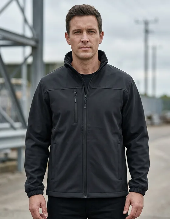 Softshell iş ceketi giyen teknik personel — 3 katmanlı bonded softshell, esnek ve rüzgar dirençli ceket