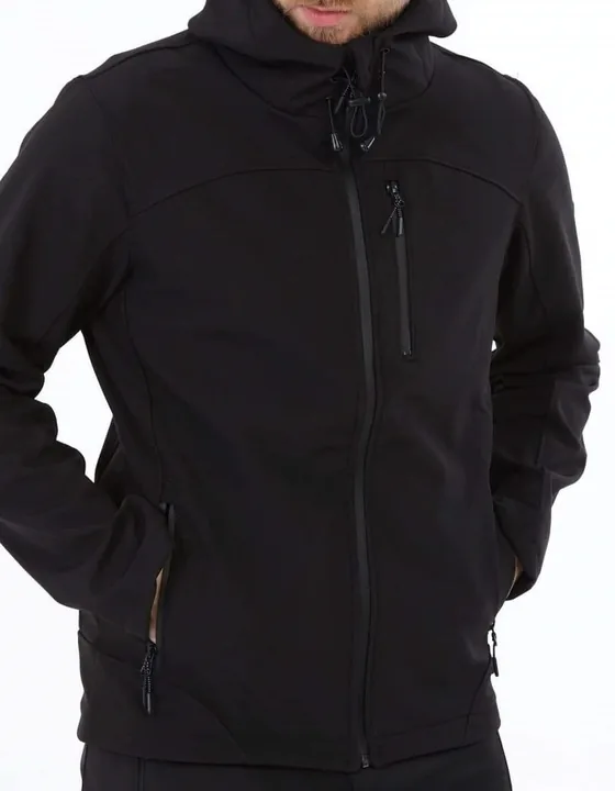 Siyah kapüşonlu su ve rüzgar geçirmez softshell iş montu