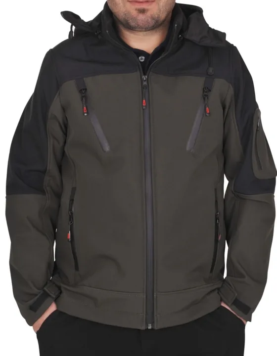 Haki-siyah kapüşonlu parçalı softshell parka