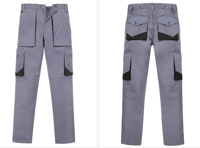 Gri gabardin körüklü cepli iş pantolonu, iki yandan görünüm · İlke Tekstil