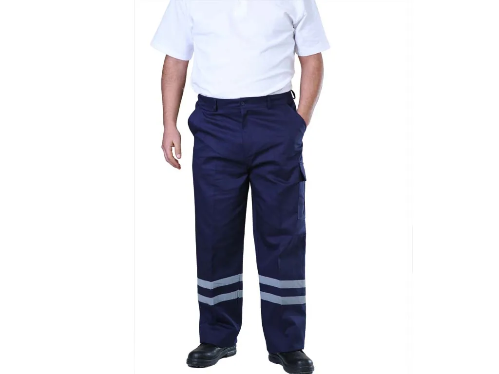Lacivert gabardin iş pantolonu, çift retroreflektif şerit · EN ISO 20471 · İlke Tekstil