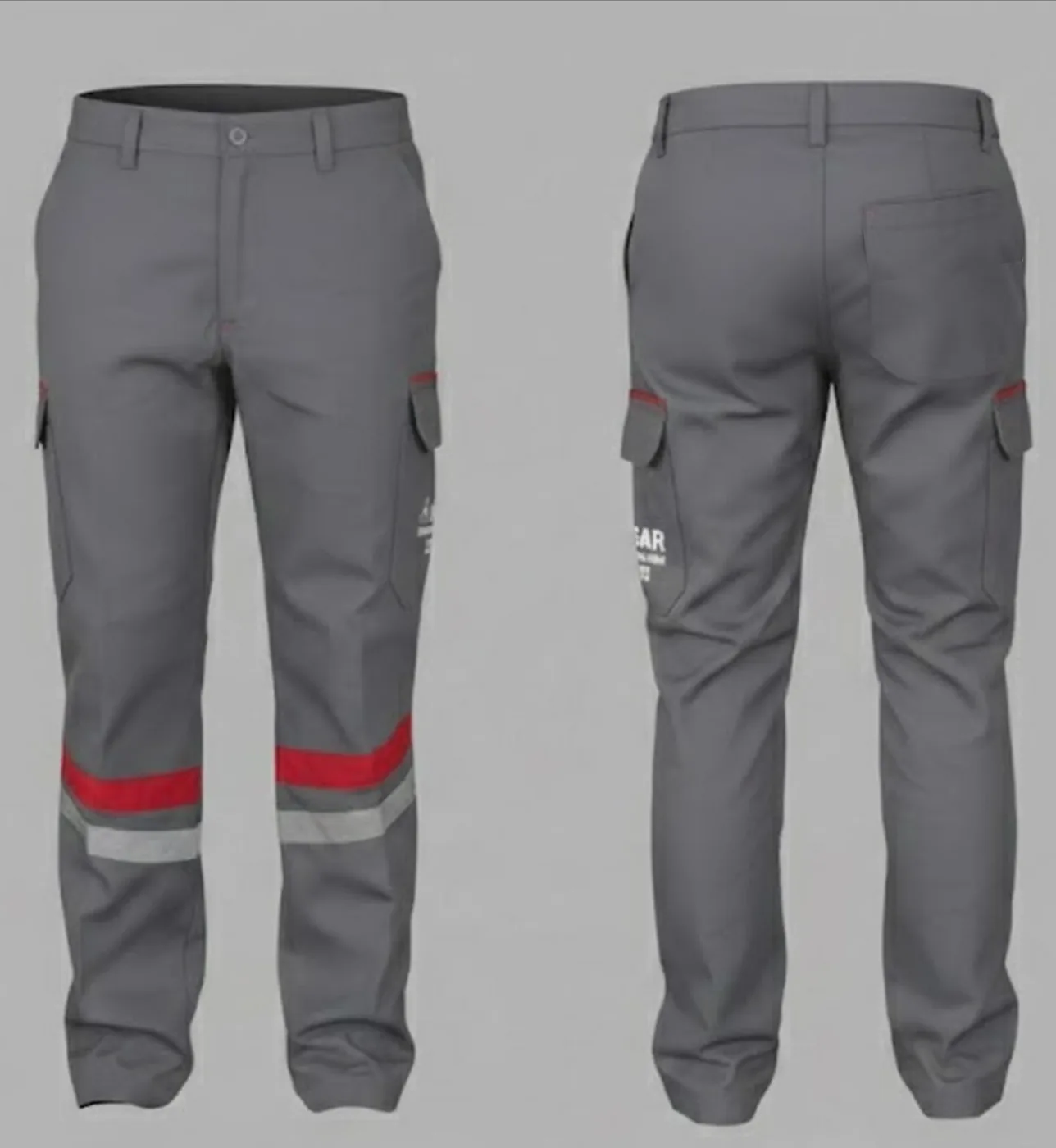 Gri gabardin iş pantolonu, reflektörlü şeritli, iki görünüm · İlke Tekstil