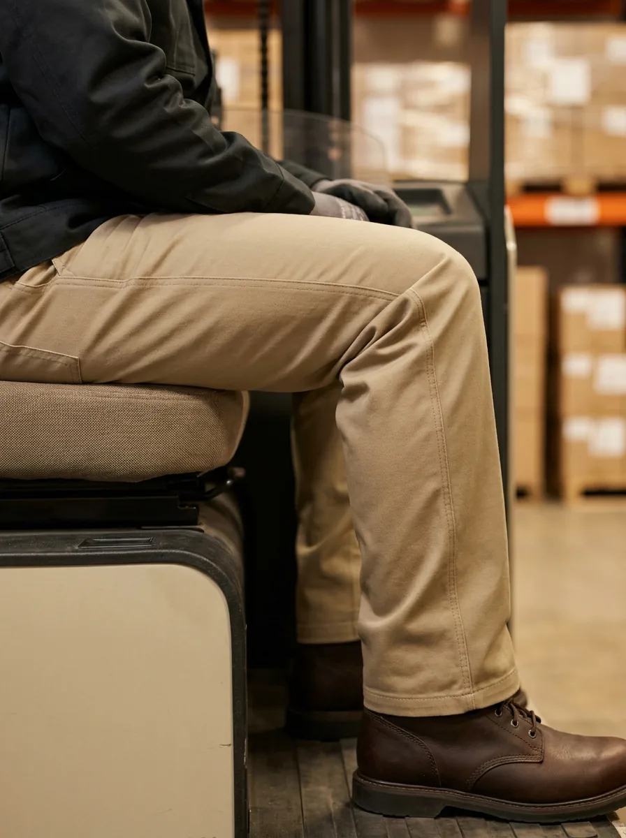 Bej haki likralı iş pantolonu, operatör koltuğunda oturan çalışanda uyluk rahat ve paça bilekten sıyrılmıyor, depo forklift alanında bel altı görünüm