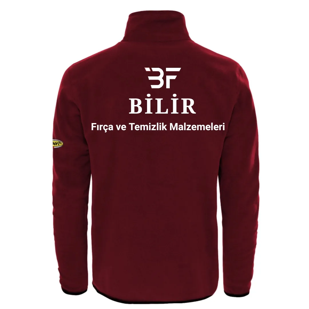 Bordo polar iş ceketi arka görünüm, sırtta kurumsal firma baskısı