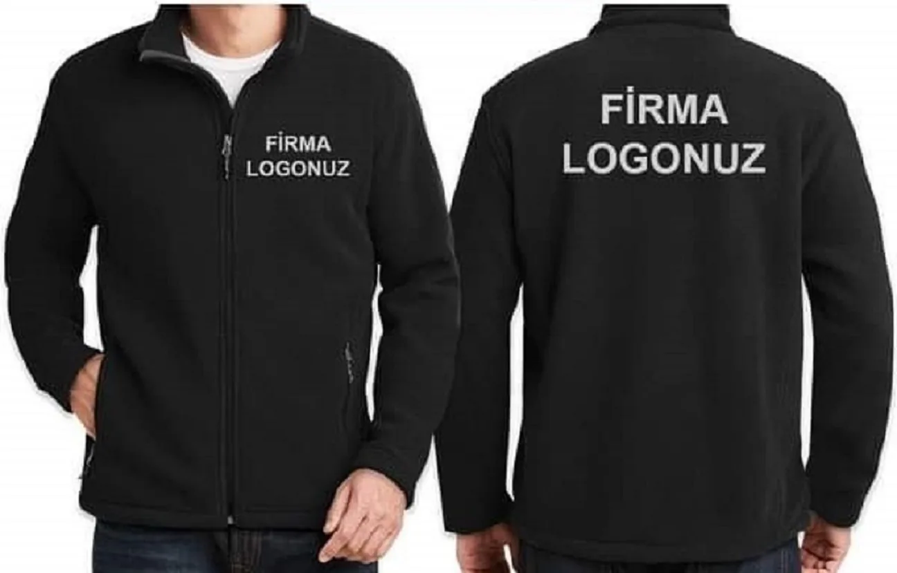 Siyah polar iş ceketi ön ve arka görünüm, göğüs ve sırt firma logosu yerleşimi