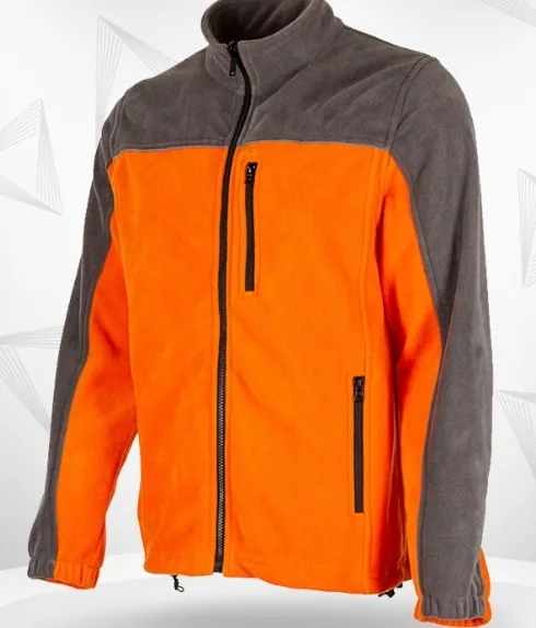 Turuncu ve gri softshell iş ceketi, su-rüzgar itici dış yüzey, fermuarlı