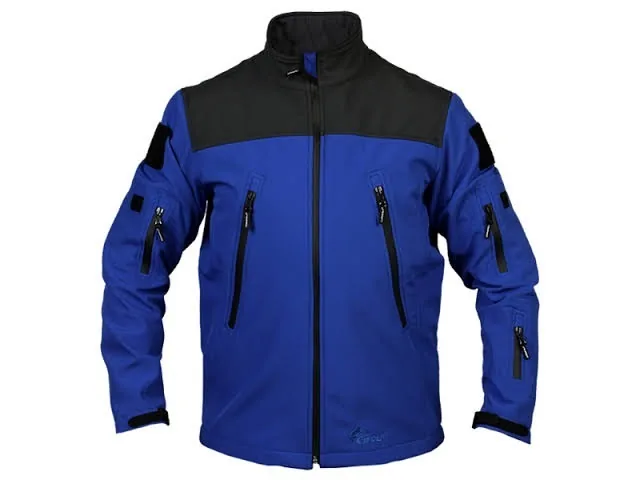 Mavi ve siyah softshell iş ceketi, su itici membran ve fermuarlı taktik cepler