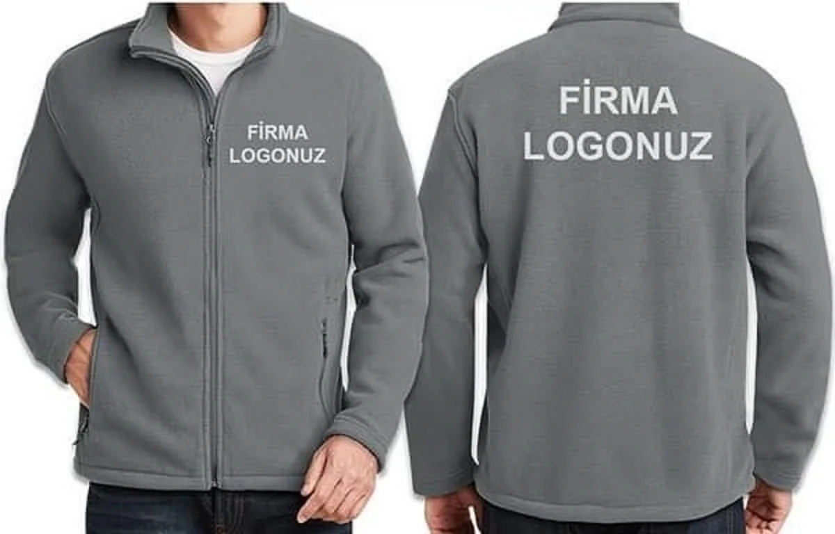 Gri polar iş ceketi ön ve arka, göğüs ve sırt firma logosu yerleşimi