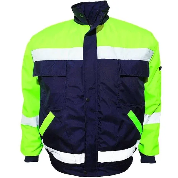 Lacivert ve neon bondit sıvı geçirmez iş montu-parka, reflektör bantlı, ürün görünümü