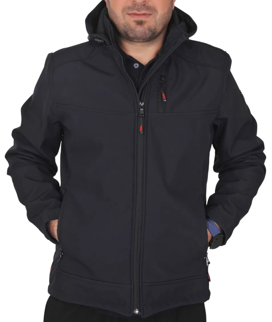 Siyah kapşonlu softshell iş montu, su-rüzgar geçirmez dış yüzey, personel üzerinde önden görünüm