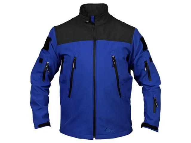 Mavi ve siyah su-rüzgar geçirmez softshell iş montu, fermuarlı cepli, önden görünüm