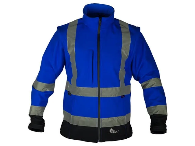 Mavi softshell iş montu, ribana manşetli, reflektör detaylı, personel üzerinde