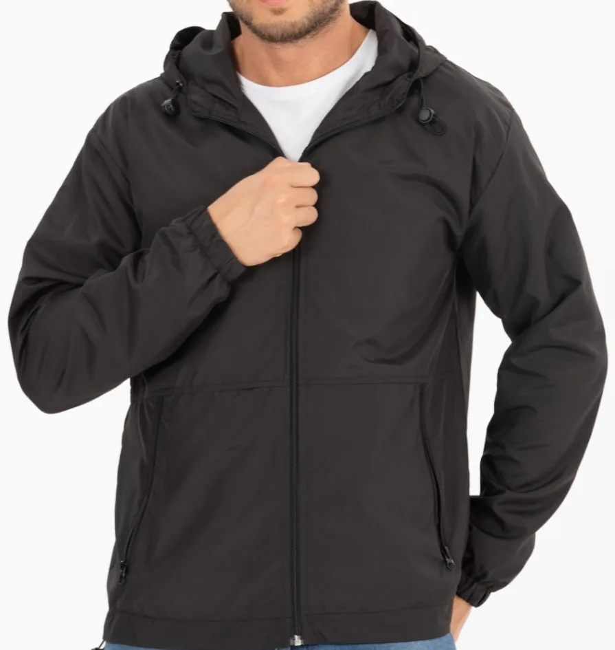 Siyah kapşonlu softshell su-rüzgar geçirmez iş montu, stüdyo ürün görünümü, önden